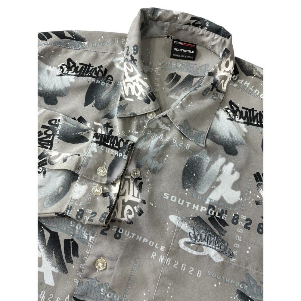 Southpole Long‎ Sleeve All Over Print Button Down  Shirt Men's Large Gray